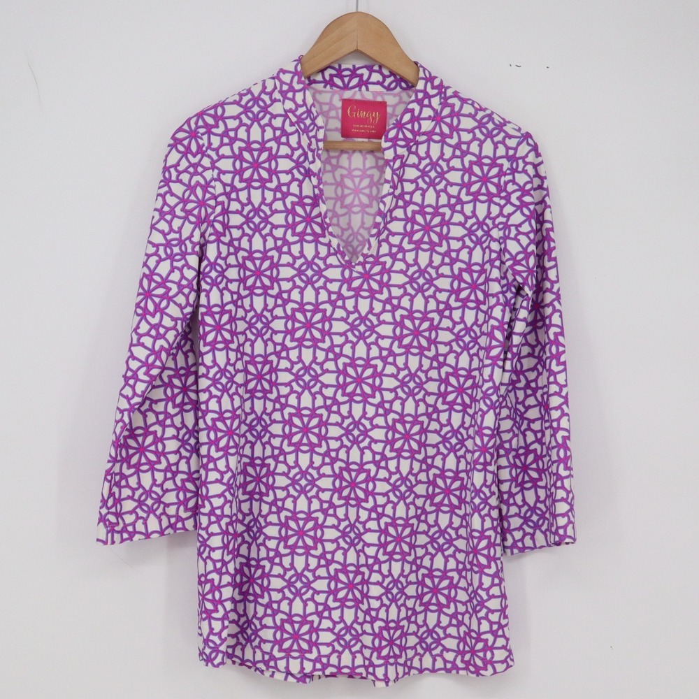 Gingy's Tunic Top Womens S Geometric Purple 3/4 Sleeve Split Neck Excellent